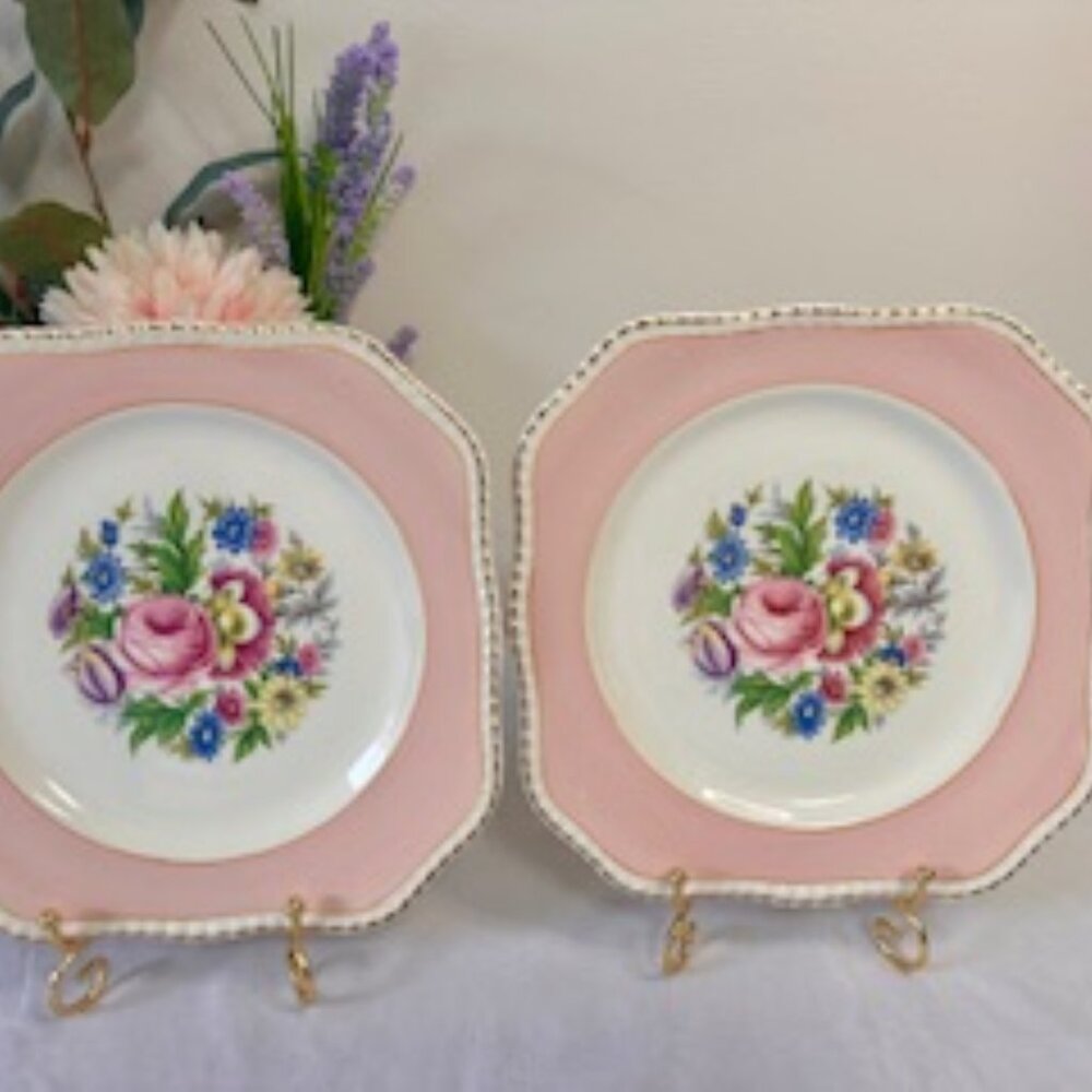 Vintage Simpsons Ambassador‎ Ware Pink Floral Plates England Gold Trim Pair